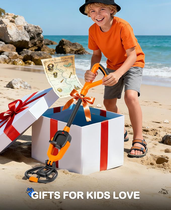 SUNPOW Kids Metal Detector with Treasure Animation & Waterproof Coil - Adjustable Stem (23.6โ-27.6โ) - Kit Includes Shovel, Rake, Bag - Ideal Gift for Boys & Girls 6-12 for Beach, Park, Backyard -MD20