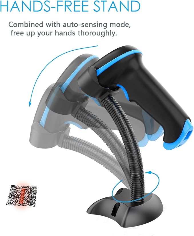 NADAMOO QR Code Scanner Wireless 2D Barcode Scanner With Stand Supports Screen Scan Handheld CMOS Imager Long Range Portable USB Bar Code Reader with Auto Sensing Read 1D 2D QR Code PDF417 Data Matrix