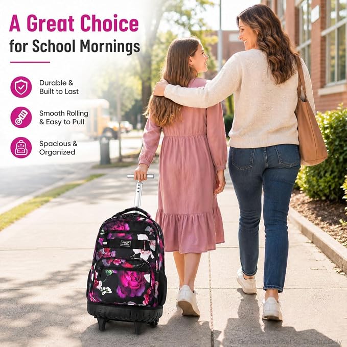 3Pcs Rolling Backpack for Girls Women, Travel Roller Backpacks with Wheels for Adults, Teens College Rose Wheeled Bookbag with Lunch Box(Black)