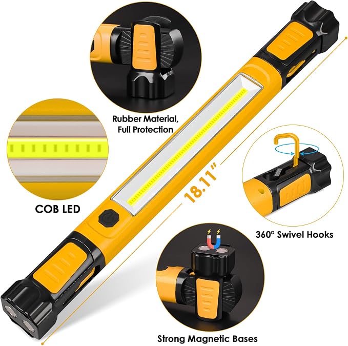 Ropelux Mechanic Work Light Bar with 2500LM 5200mAh Battery, Orange 2 Pcs | 2-Level Brightness, 7500K Cool White, 4-10 Hours Runtime, Magnetic Bases, Hooks, 360° Rotating, Rechargeable, Tool Gift
