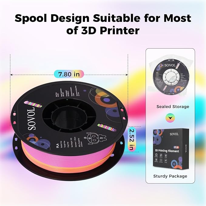 Sovol 3D Printer Matte Multicolored Fast Change Gradient Rainbow PLA 1kg (2.2 lbs) Spool 3D Printing Materials, Dimensional Accuracy +/- 0.03 mm, 1.75 mm, Matte Starlight