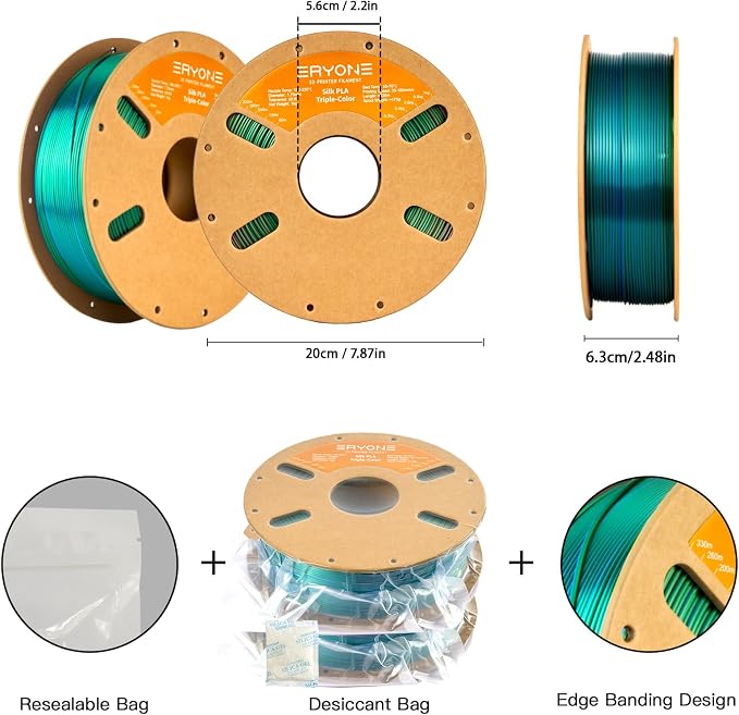ERYONE Silk Tri Color PLA Filament 3D Printer 1.75mm +/- 0.03mm, Multicolor Filament Tricolor PLA Bundle 2KG Cardboard Spool, Red Blue Green