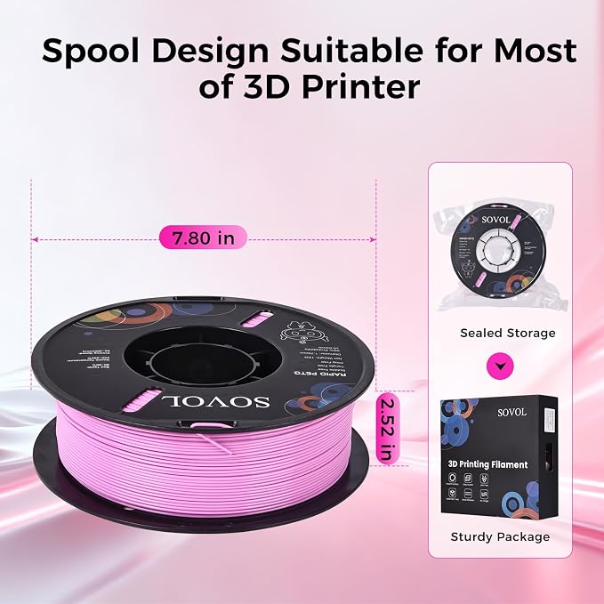 Sovol 3D Printer Rapid PETG Filament 1.75mm 1KG (2.2lbs), High Precision, Strong Toughness, Wiring Tightness, Dimensional Accuracy +/- 0.03 mm, 3D Printing High Speed PETG Filaments, Pink