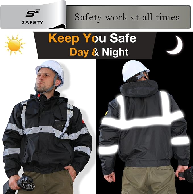 sesafety Reflective Jacket for Men, High Visibility Jackets, Safety Jackets for Men, Hi Vis Construction Bomber Jackets Waterproof with Pockets and Zipper, Black Bottom, Class 3