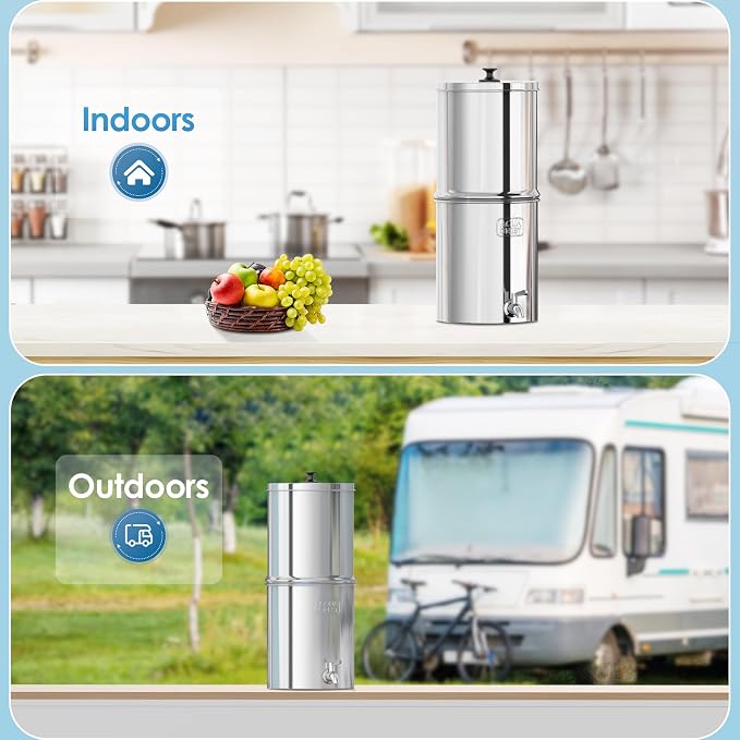 AQUA CREST TN-A Gravity Water Filter System, NSF/ANSI 42&372 Certified Black Carbon Filters, Reduce Lead and Chlorine, Stainless Steel Water System for Home, Camping, Emergencies, 2.25G