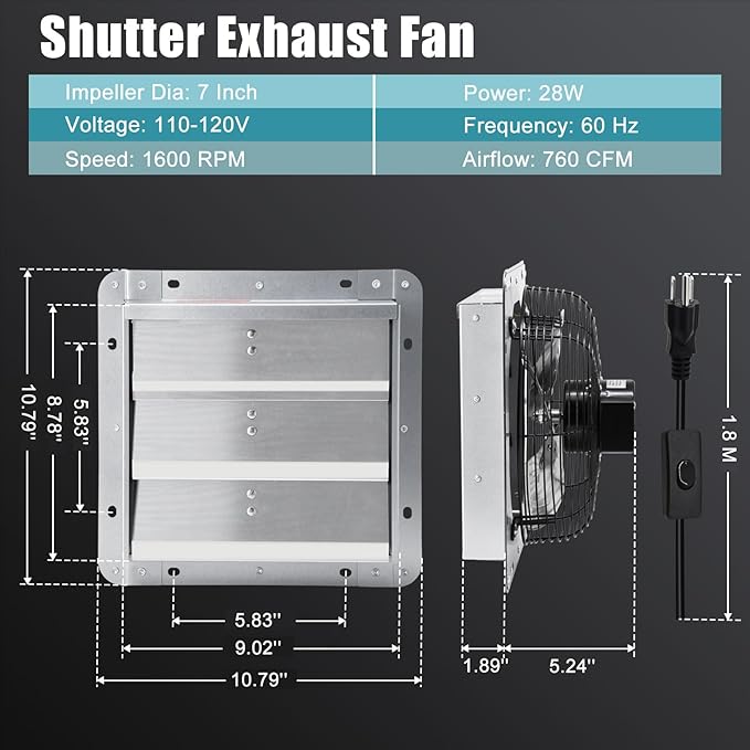 Criditpid 7 Inch Shutter Exhaust Fan, 760 CFM High Speed Wall Mounted Fan, Attic Vent Fan with Speed Controller and Thermostat for Greenhouse, Garage, Warehouse, Basement, Chicken Coop Ventilation