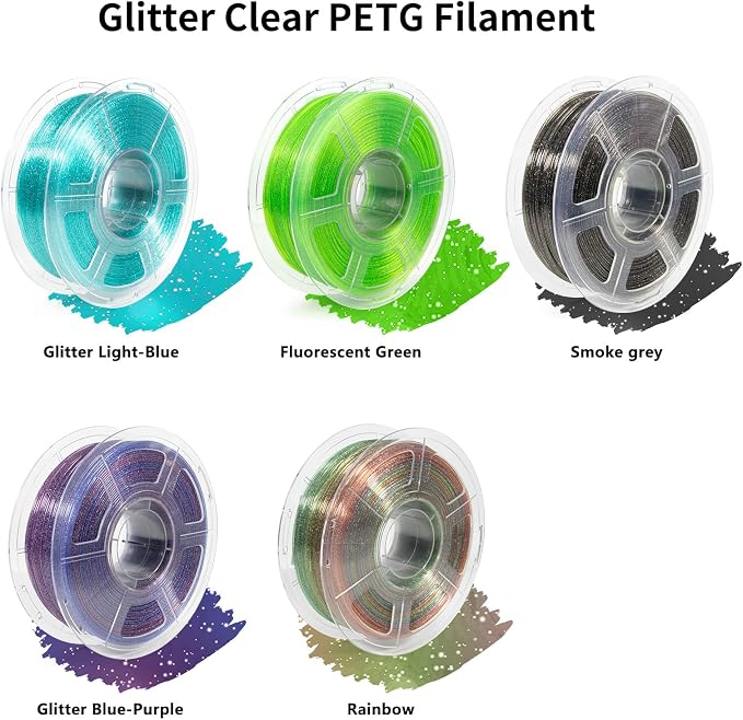 IEMAI 250g Glitter Clear PETG Filament 1.75mm Bundle, Sparkly Transparent Finish 3D Printer Filament 250g Spool 4 Rolls Rainbow+Blue-Purple+Blue+Green, for Most FDM 3D Printers