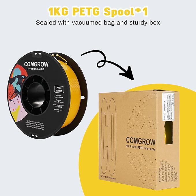 Comgrow PETG 3D Printer Filament 1.75mm, High Precision and Tough 3D Printer Filament 1kg (2.2LBS), Dimensional Accuracy +/- 0.02 mm, Fit Most 3D Printers Yellow