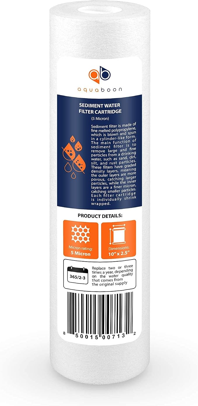 Aquaboon 5 Micron 10 x 2.5 Sediment Filter - Whole House Water Filter Replacement Compatible with Well Water Filters - P5, AP110, WHKF-GD05, 50 Pack