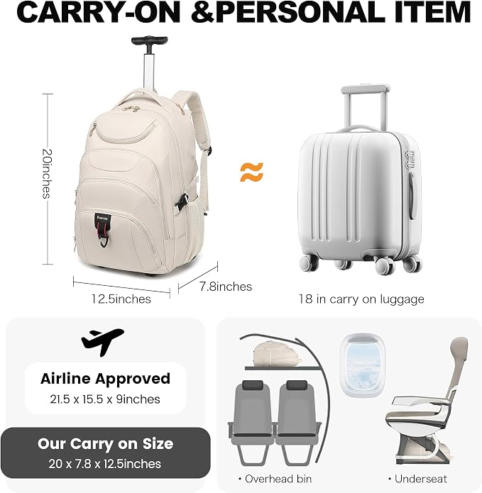 Boavan Rolling Backpack for Women, 17.3 Inch Wheeled Laptop Backpack,Large Travel Carry-On Bag for Teachers College Students, USB Charging Port Waterproof Business for Airplane Overnight Luggage,Beige