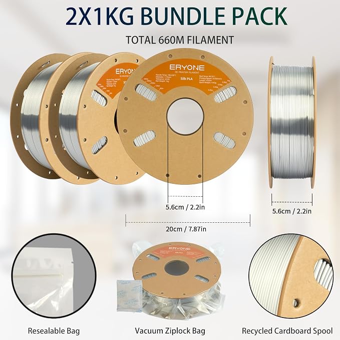 ERYONE Silk PLA Filament for 3D Printer 1.75mm +/- 0.03mm, 2KG Cardboard Spool, Silk Silver