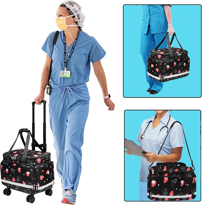 Medical Bag Rolling Roller Bag Trolley Duffel Nurses EMT CNA RN Empty for First Aid Responder Home Health Care Nursing Student Roll Duffle Bag Carry on Wheels Wheeled Work Physicians Doctor (HEART)
