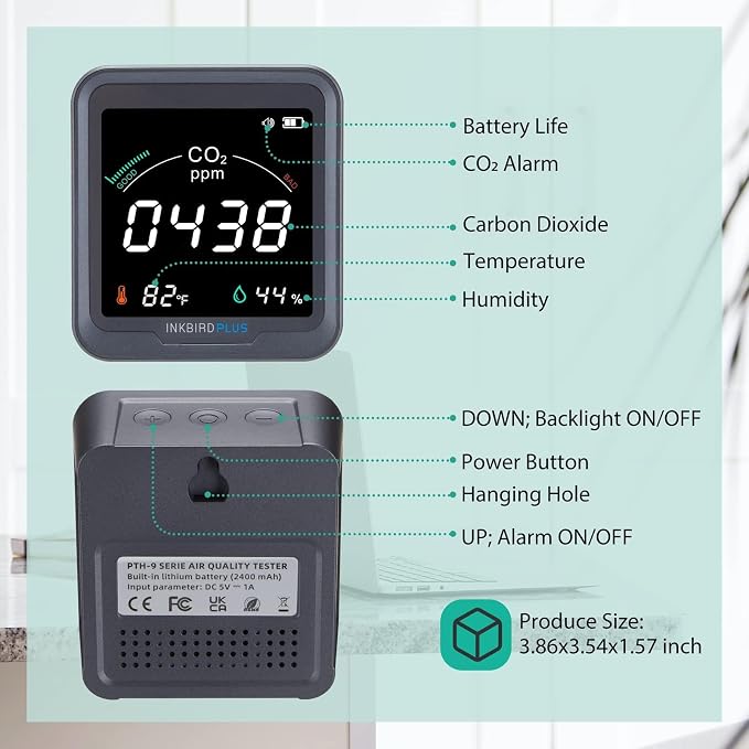 INKBIRDPLUS Ndir Air Quality Monitor Indoor with Battery Powered | 3 in 1 Detect for CO2 & Temperature & Humidity | for Home, Office, RV, Grow Tent (PTH-9C)