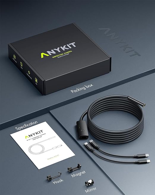 Anykit Endoscope Camera with Light, 1920P HD Borescope with 8 Adjustable LED Lights, Semi-Rigid Snake Camera with Light, IP67 Waterproof Inspection Cam for iPhone & Android, 9.8 ft Single Lens