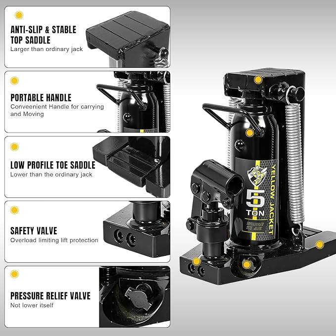 YELLOW JACKET Toe Jack, 5 Ton Saddle/2.5 Ton Claw 2-in-1 Low Profile Lift Jack, Heavy Duty Hydraulic Claw Jack for Automotive, Machinery, Construction, Farm, Garage