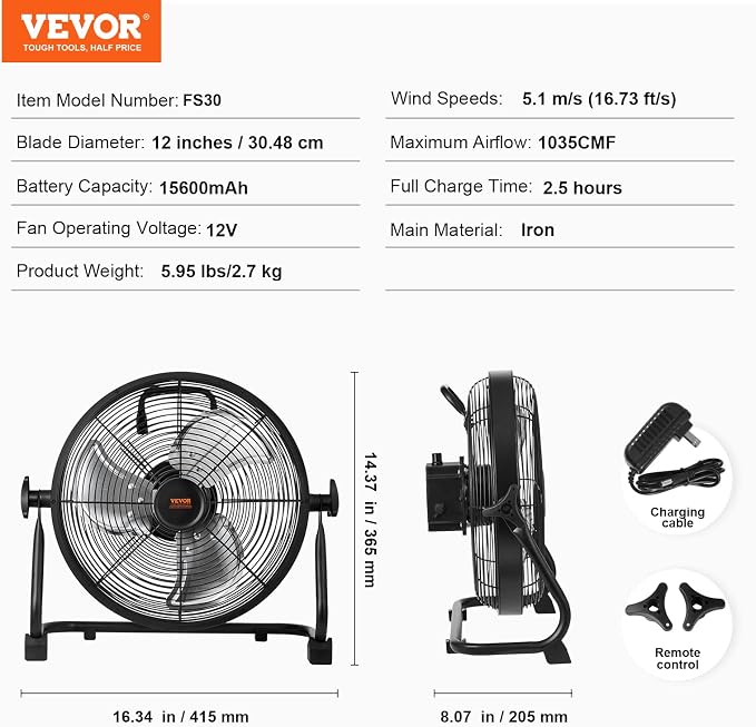 VEVOR 12'' Rechargeable Floor Fan, Portable Quiet Personal Fan for Home or Office, 360 Degree Manual Pivoting Head, Stepless Speed Regulation High Velocity, Heavy Duty Metal Industrial Cordless Fans