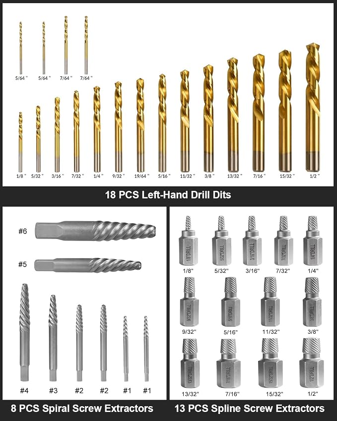 Bolt Extractor Kit, 67 Pieces Easy Out Screw Extractor Set with 6542 HSS Left-Hand Drill Bits, Bolt & Lug Nut Removal Tool for Broken Stripped, Frozen, Rusted, Rounded-Off Fasteners