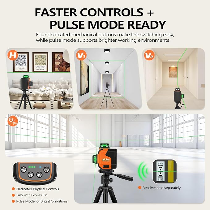 3D-360 Lasers level Self Leveling laser levels Professional tools | Three 360° laser planes project 12 bright green lines for wall, floor, ceiling, tile and cabinet alignment.