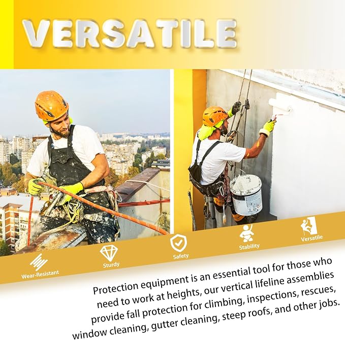 Fall Protection Safety Rope 100 FT Heavy Duty Vertical Roofing Rope with Alloy Steel Grab Snap Hooks Shock Absorber Fall Protection Tree Climbing Line Kit Tree Stand Safety Line Kit