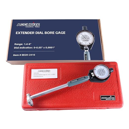 Accusize Dial Bore Gauge Set, 1.4-6 in Range, 0.0001 in Grad. | AGD Group 2 Indicator, 0-0.05 in Dial, Carbide-Tipped Contacts, 15 Anvils, 4 Spacers, EE20-2416