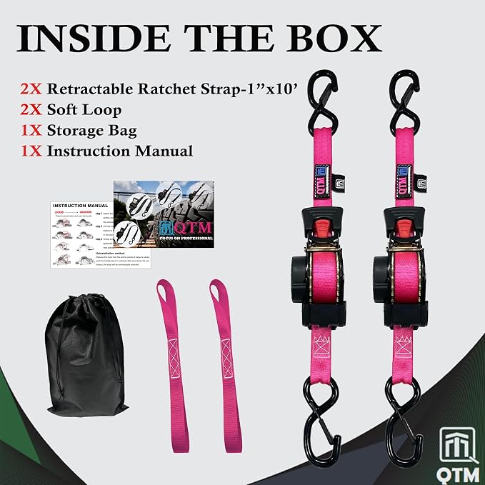 QTM 2-Pack Stainless Steel Spring Pink Retractable Ratchet Straps 1" x10' with Soft Loops, Heavy Duty, 2,000lbs Breaking Strength, with Storage Bag, Best for Cargo, Truck, Bicycle, Motorcycle