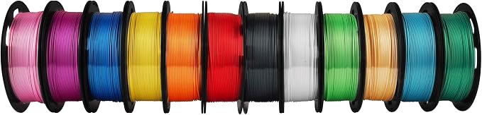 MIKA3D 12 in 1 Bright Shine 3D Printer Silk PLA Filament Bundle, Most Popular Colors Pack, 1.75mm 500g per Spool, 12 Spools Pack, Total 6kgs Material with One Bottle of 3D Printer Stick