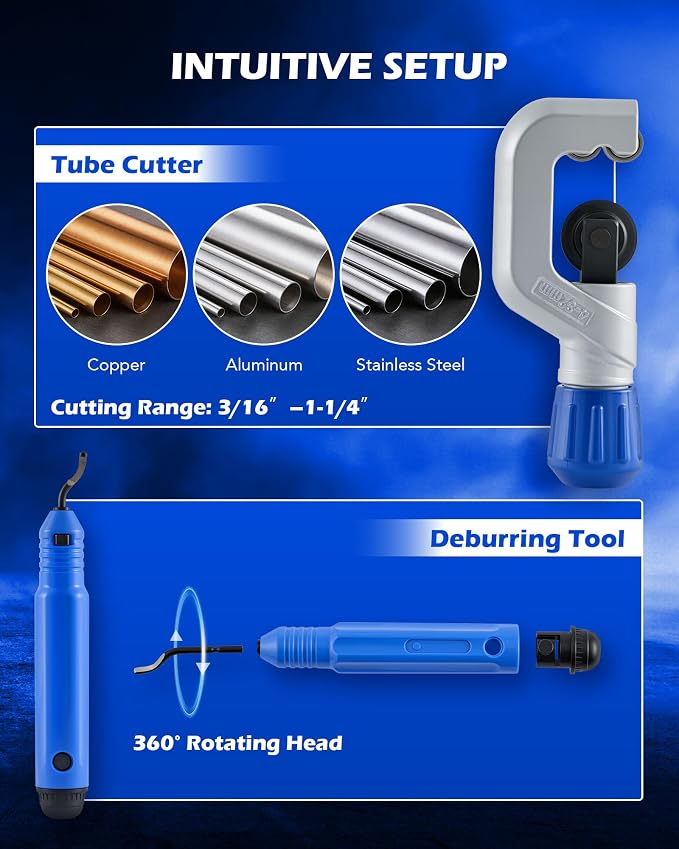 Orion Motor Tech Single Flaring Tool Kit, Magnetic Height Limit 1/4"-3/4" & 6-19 mm Tube Flare Tools for 45° Eccentric HVAC Single Flares, Tubing Flaring Tool Kit with Tube Cutter Deburring Tool