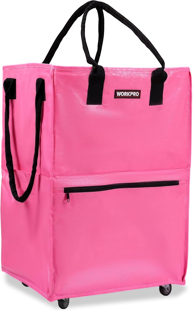 WORKPRO Medium Reusable Grocery Bag on Wheels, Heavy Duty Rolling Shopping Tote with Handle, Folding Trolley on 4 Caster Wheels for Groceries, Laundry, Camping, Moving