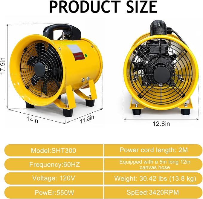 12 Inch High-Velocity Portable Utility Blower Fan with 16-Foot Vinyl Hose | 2645CFM Heavy Duty Cylinder Axial Fan |Exhaust Fan Ventilator for Basements, Workshops, Warehouses