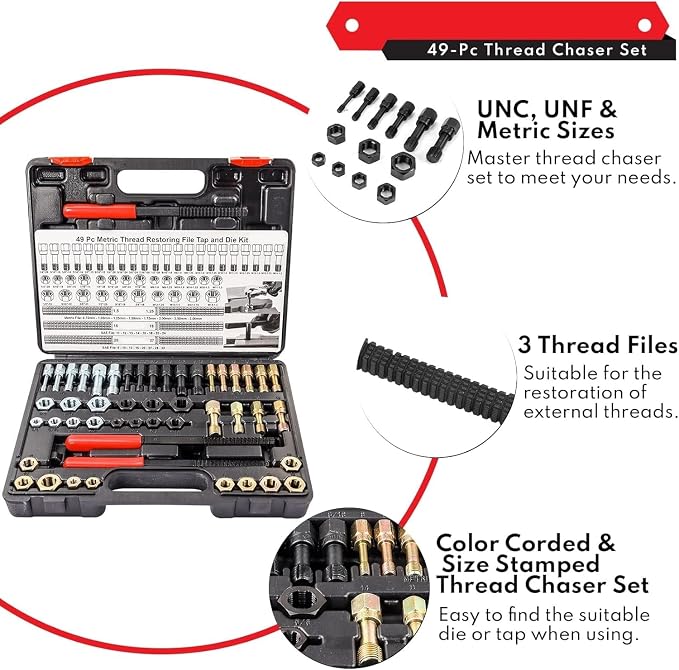 49PC Thread Chaser Set Metric & UNC UNF Thread Repair Kit, SAE Rethreading Tool Bolt Restorer File Nut Rethreader