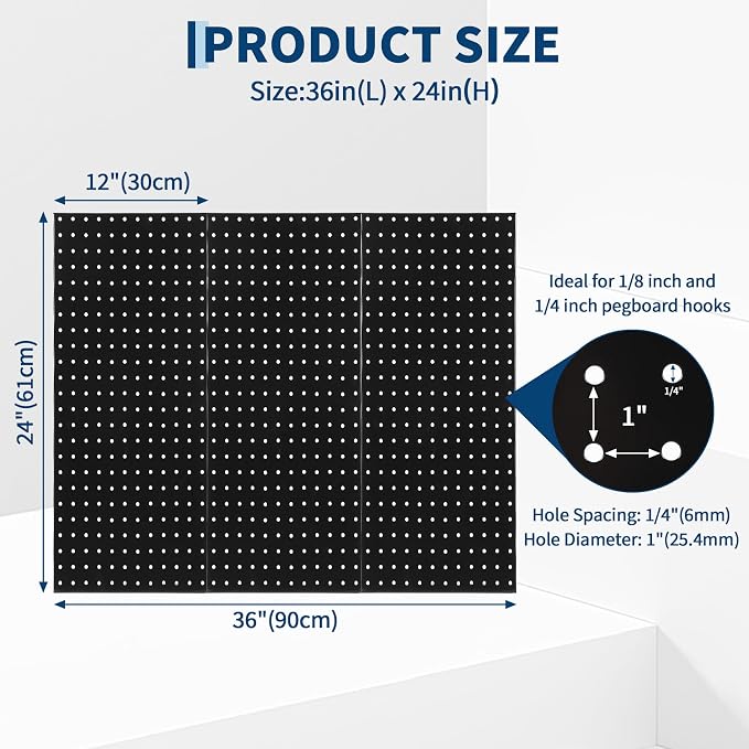 GarveeHome Heavy Duty Metal Pegboard Panels for Garage Tool Storage – 3 PCS 12"x24" Black Steel Wall Organizer – Flexible Layout, Sturdy Construction, Versatile Use in Workbench, Office, Workshop –