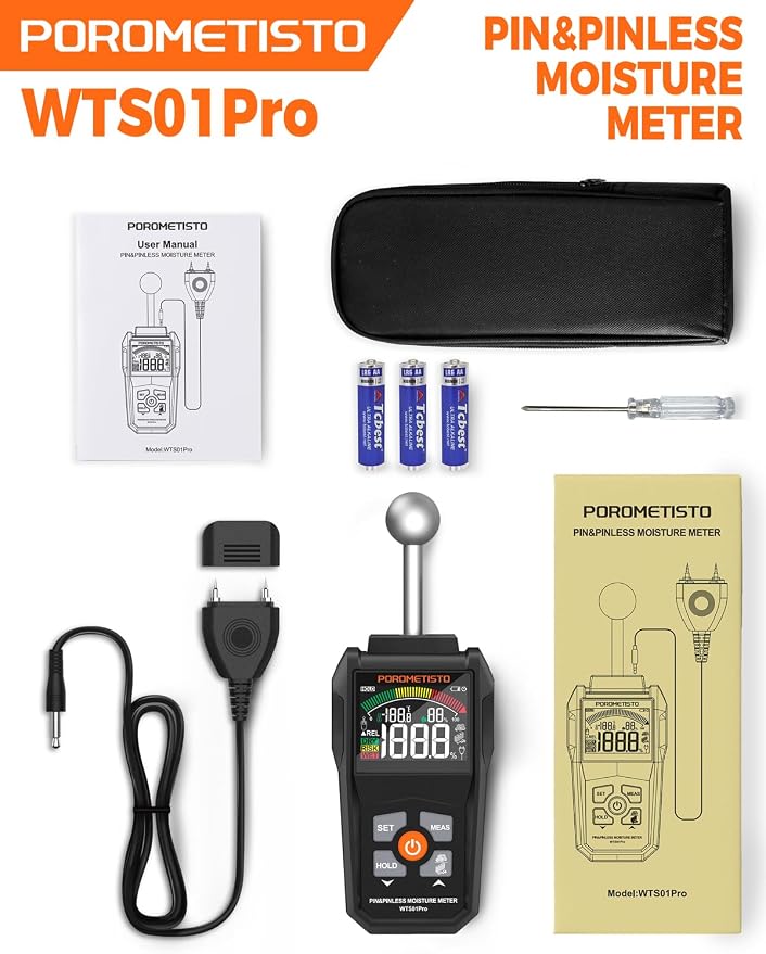 Moisture Meter, POROMETISTO Pin & Pinless Moisture Meter – Dual Mode Wood Moisture Detector for Walls, Drywall, Firewood & Concrete, Digital Moisture Meter with Color Screen & Alarm