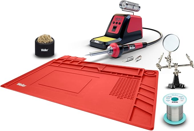Weller 70 Watt Digital Soldering Station with 0.5 mm Solder Wire, Magnified Helping Hands, Brass Sponge Tip Cleaner, & Silicon Soldering Mat