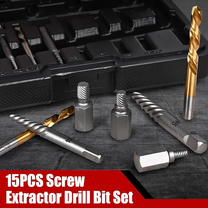15Pcs Screw Extractor Set, Easy Out Extractor Set, Left Hand Drill Bit Hex Head Extractor, Cobalt HSS Steel Kit for Stripped Screws and Broken Bolts