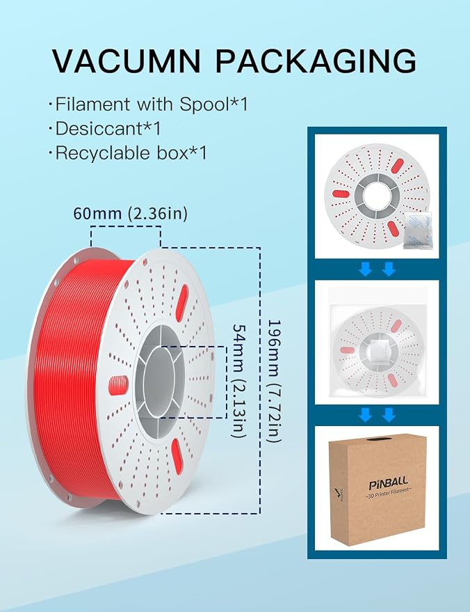 PINBALL PETG 3D Printer Filament Red, Neatly Wound PETG Filament 1.75mm, Accuracy +/- 0.02 mm, 1kg Spool (2.2lbs), Red