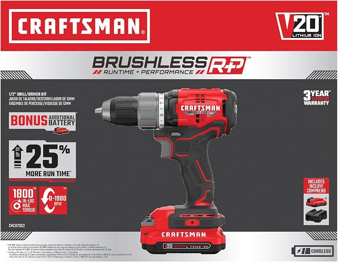 CRAFTSMAN RP+ Cordless Drill/Driver Kit, with 2 Batteries and Charger, Brushless (CMCD713C2)