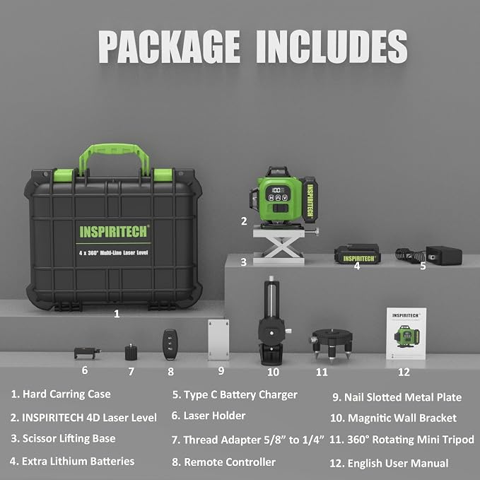Laser Level 360 Self Leveling with Hard Case & Remote, 4x360 Rechargeable Green Line Laser for Framing Wall Ceiling Floor Tile