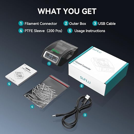 Filament Connector, SUNLU Official Splicer with 200Pcs PTFE Sleeves for 3D Printer Filament 1.75mm, Compatible with PLA PETG TPU ABS PA Nylon