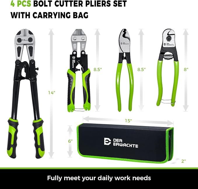 4-Piece Bolt Cutter Pliers Set, 14" Heavy Duty Bolt Cutter, 8" Mini Bolt Cutter, 8" Wire Cable Cutter, 8" Wire Rope Cutter with Carrying Bag, Cr-V Blade for Cutting Locks, Steel Wire, Chains