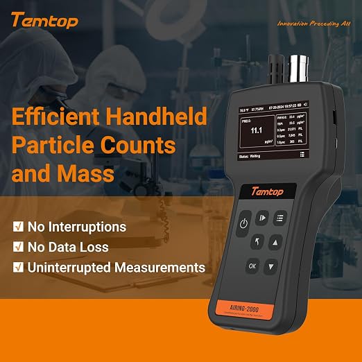 Temtop Handheld Particle Counter 0.3µm, 0.5µm, 1.0µm Particulate Monitor PM2.5, PM10, TSP, Temp & Humidity Detector