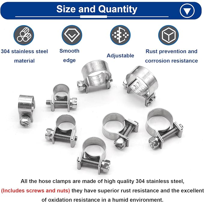 Tnisesm 125PCS Mini Fuel Injection Hose Clamps Adjustable 9/32"-23/32" Dia 7-18mm 304 Stainless Steel Fuel Line Clamps Assortment Kit, for Automotive Diesel Petrol Pipe with Socket Spanner