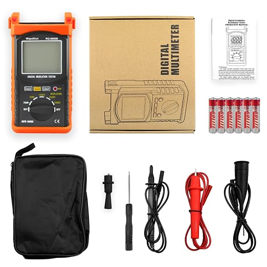 Megohmmeter 200 Gig Ohm Digital Insulation Resistance Tester 500V/1kV/2.5kV/5kV Auto Range Voltage,Resistance Tester with 1999 Count LCD Display, Data Hold, Back-Light-RQ-6688B(Orange)