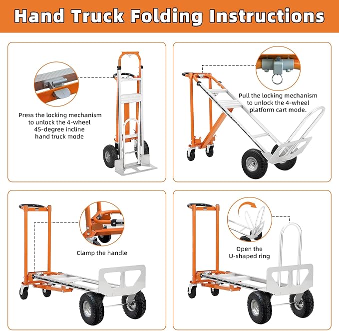 Aluminum 4 in 1 Convertible Hand Truck Dolly, 1000Lbs Capacity, Heavy Duty Folding Hand Truck Dolly Cart with Wheels 10" All-Terrain Tires, Hand Trucks for Logistics, Moving Home, Shopping, Office