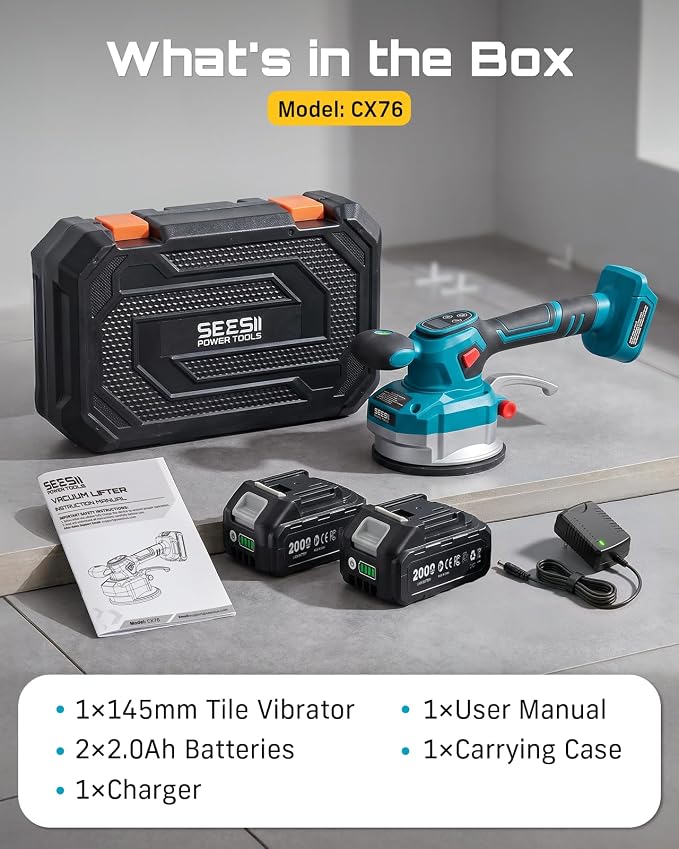 SEESII Tile Vibration Tool 145mm: Vibration Leveling Machine 10-Hours Long Lasting, Tile Vibrator With 10 Speeds For Laying Floor Wall Larger Tiles(6"X6" - 48"X48"), Tile Installers DIYer