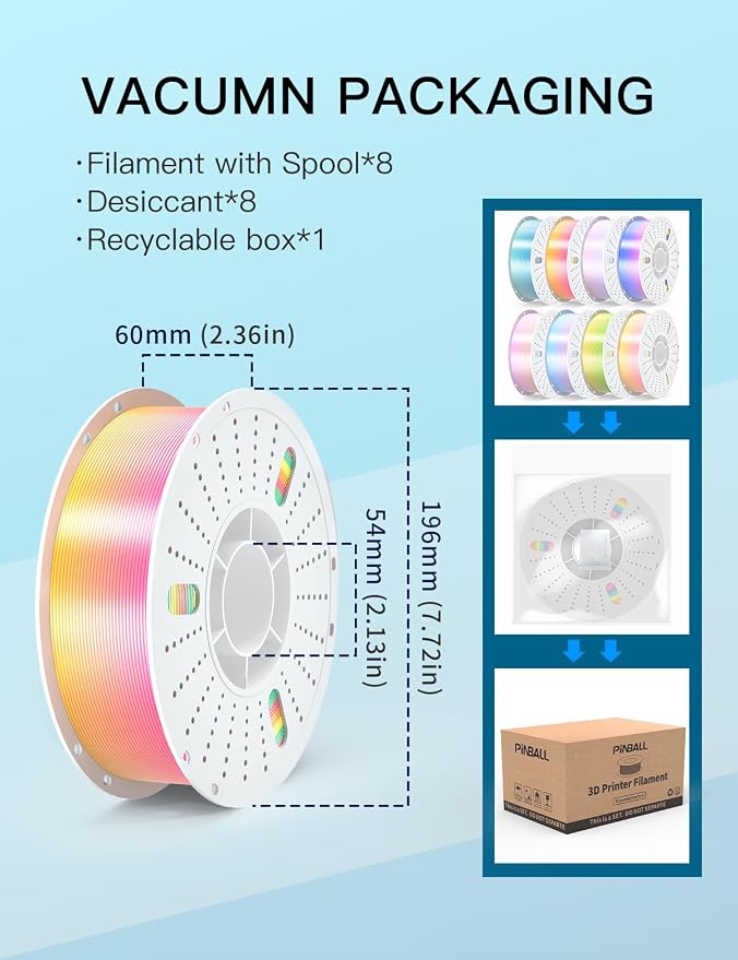 PINBALL Silk Rainbow PLA 3D Printer Filament 1.75mm, Shiny Multicolor Fast Color Changing PLA Filament, 3D Printing Filament Dimensional Accuracy +/- 0.02mm, 8 KG 8 Colors