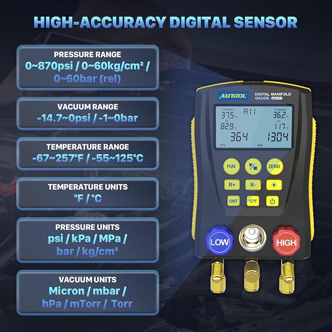 AUTOOL Digital Manifold Gauge HVAC, AC Dual Pressure & Temperature Test, 92 Refrigerant Refrigeration Gauge with Vacuum/Leak Test, LCD Backlight Temp Clamps (LM120)