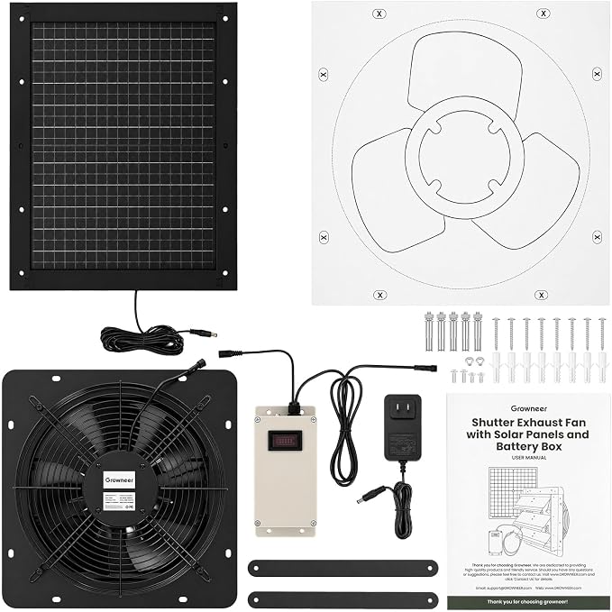 GROWNEER Solar Powered Exhaust Fan, 30W Solar Panel+12" High Speed Solar Powered Fans with Power Adapter, Waterproof Solar Fan with Bracket for Shed, Chicken Coop, Greenhouse, Attic