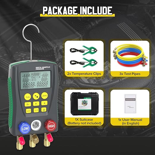 Digital HVAC Manifold Gauge Set,Refrigeration AC Gauges with Thermometer Clamps & Tricolor Hose, Dual Temp & Pressure Sensors for Vacuum & Leak Test,R134a R410a R32 R1234 Refrigerant Recharge Kit