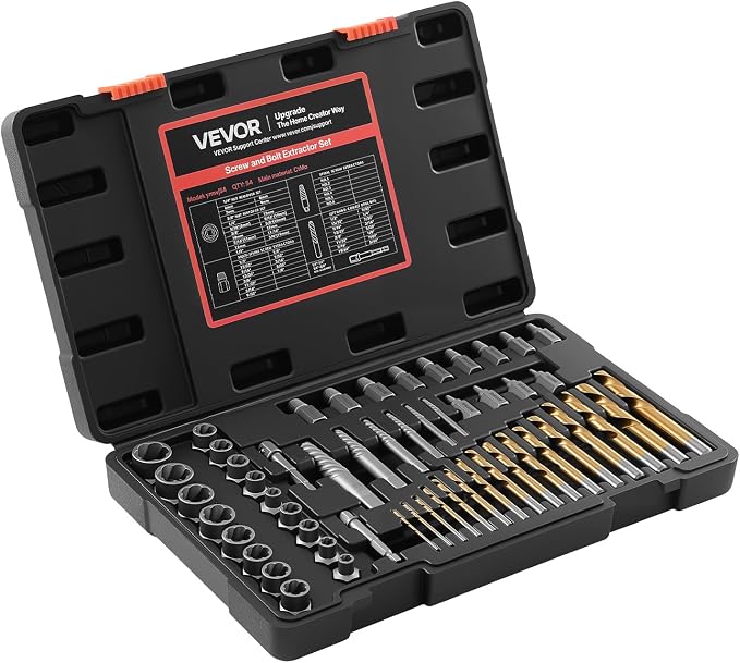 VEVOR Bolt Extractor Kit, 54 Pieces Easy Out Screw Extractor Set, Left Hand Drill Bit Set, Multi-Spline Extractors, for Removing Damaged, Stripped, Broken, Rusted, Rounded-Off Bolts, Nuts & Screws