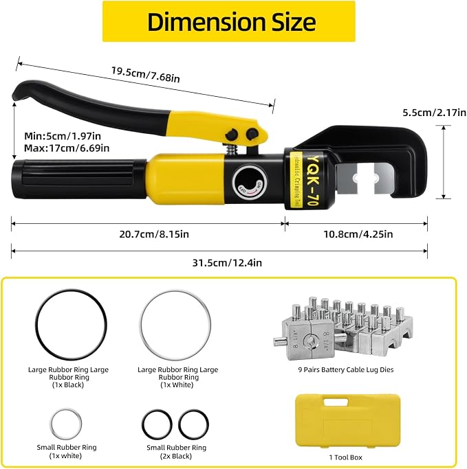 10 Ton Hydraulic Crimping Tool Kit with 9 Dies for Battery Cable (12 AWG to 2/0) - Hydraulic Cable Crimper for Electrical Terminals & Wire Connectors